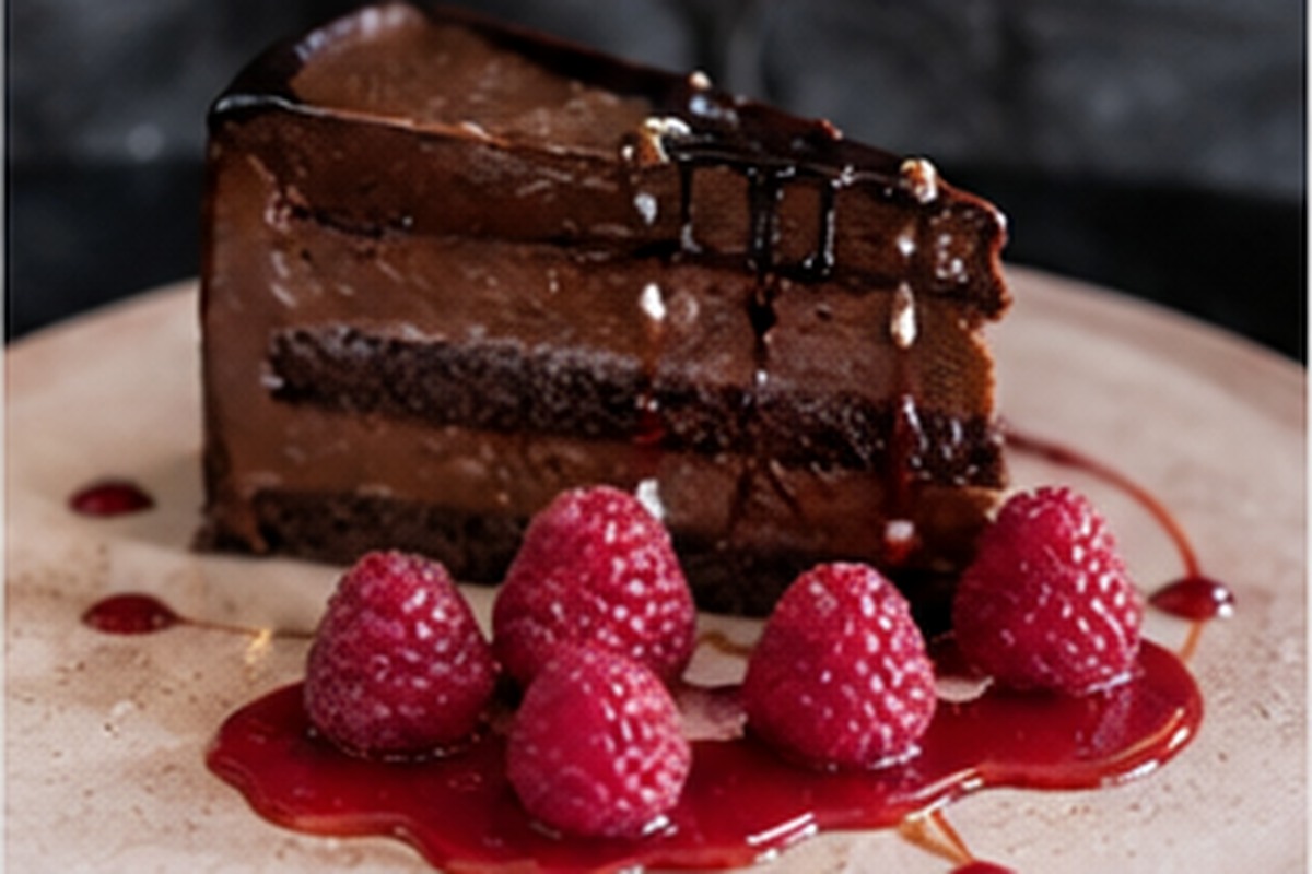 Layered chocolate dessert with fruit